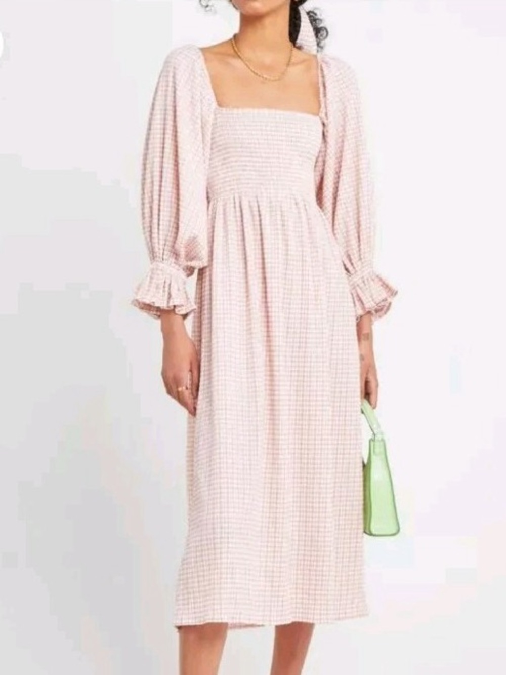 Anthropologie O.P.T Sz S Athena Gingham Puff Sleeves Romantic Midi Dress